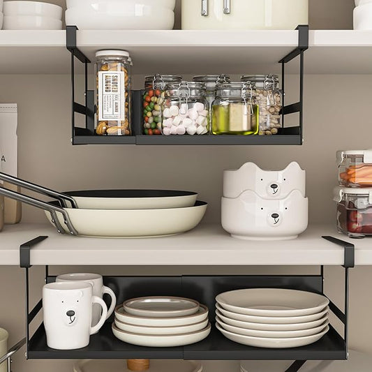 Expandable Under Cabinet Shelf Organizer with 1.25 Inches Thick Clips, Heavy Duty Extendable Under Shelf Storage Basket for Pantry or Laundry Room, Black, 2 Pack, Interior: 5.7" H x 8.54" D