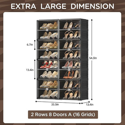 Vipbox Black Shoe Rack Organizer Cabinet for Closet Entryway,Clear Shoe Storage Boxes Stackable Sneaker Storage with Door Easy Assembly Shoe Cabinet with Lids Large 8 Tiers 32 Pairs