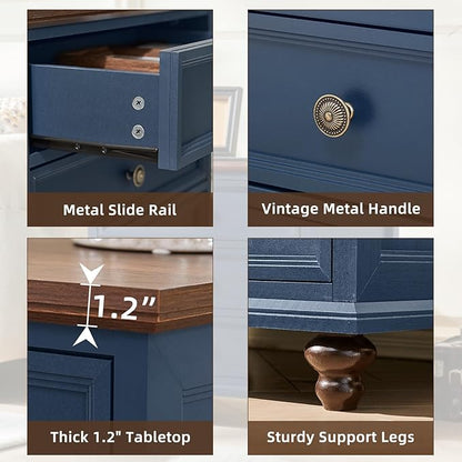 Joaxswe Farmhouse Nightstand with Charging Station, 24" Wide End Table with 3 Drawers,Blue Wood Dresser for Bedroom, Bed Side Table Chest of Drawers Cabinet,Night Stand for Living Room, Closet