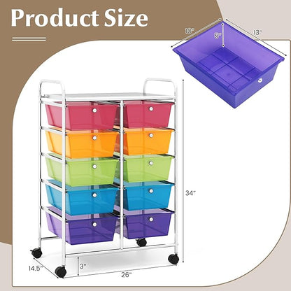 GOFLAME 10-Drawer Rolling Storage Cart, Art Craft Storage Organizer on Wheels, Multipurpose Movable Utility Cart for School, Office and Home, Rainbow