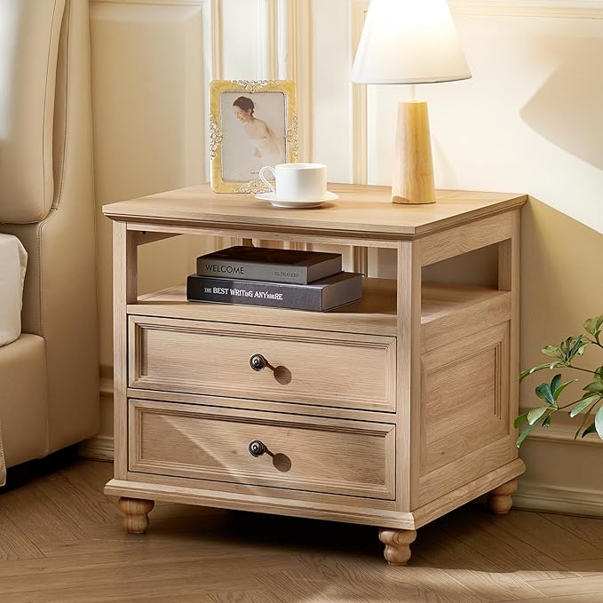 Joaxswe 24" Wide Farmhouse Night Stand,Large End Table with 2 Drawers & Metal Handle,Wood Dresser for Bedroom, Natural Bed Side Table Chest of Drawers Cabinet,Nightstand for Living Room,Closet