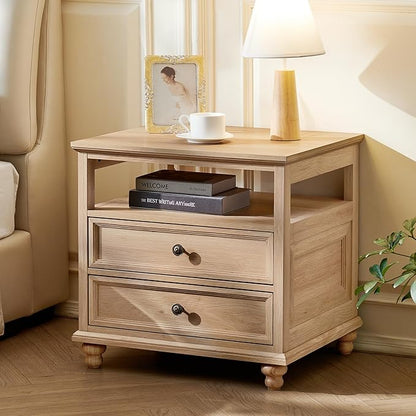 Joaxswe 24" Wide Farmhouse Night Stand,Large End Table with 2 Drawers & Metal Handle,Wood Dresser for Bedroom, Natural Bed Side Table Chest of Drawers Cabinet,Nightstand for Living Room,Closet