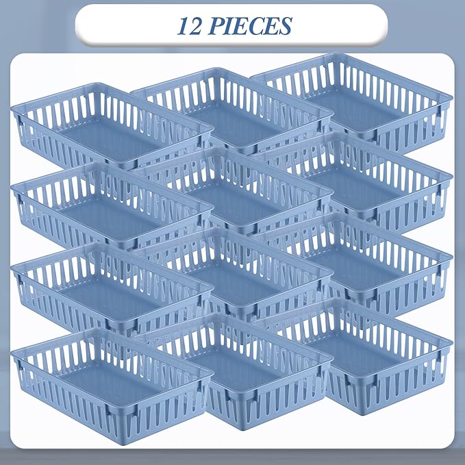 Wenqik Set of 12 Plastic Baskets for Organizing 10.24 x 6.5 x 2.36 Inch Rectangular Trays Plastic Organizer Bins Rectangle for Desk Organization(Haze Blue)
