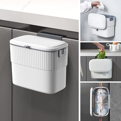 ELPHECO Kitchen Compost Bin with Lid 1.8 Gallon Hanging Trash Can with Lid, 7 Liter Wall-Mounted Garbage Can for Kitchen Cabinet Door, Small Under Sink Trash Can for Cupboard, Bathroom, Office