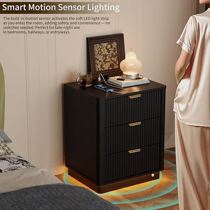 BONITURE Led Fluted Nightstand, Smart Curved Night Stand with Charging Station Lighting, Wood End Table with 3 Drawers, Modern Side Table Storage Cabinet for Bedroom Office,(1, Black)