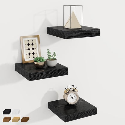 Fun Memories Small Floating Shelves for Wall - 8 Inch Square Wall Shelves with Invisible Brackets, Black Shelves for Bathroom, Living Room, Bedroom, and Kitchen Decor, Set of 3