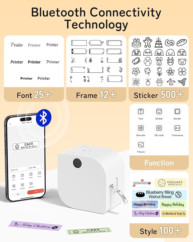 Phomemo Label Maker Machine with Tape, P12 Small Bluetooth Label Makers with with 3 Tapes Ribbon Printer Machine for Home, Name Tag, School, White