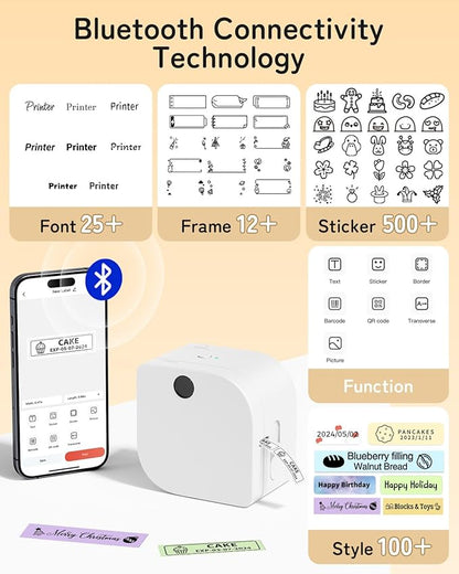 Phomemo Label Maker Machine with Tape, P12 Small Bluetooth Label Makers with with 3 Tapes Ribbon Printer Machine for Home, Name Tag, School, White