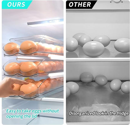 Egg Holder for Fridge, Automatic Rolling Egg Container for Refrigerator, Stackable Fridge Organizers and Storage with Lid, Clear Plastic Egg Dispenser,Bin & Tray (1 Tier)