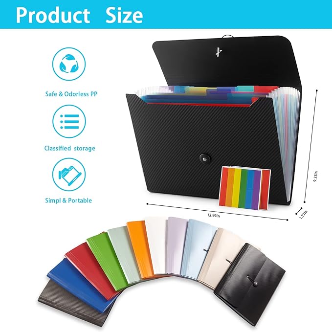 Expanding File Folder with 13 Pockets, Red, Polypropylene, 12.99" x 9.45" x 1.1"