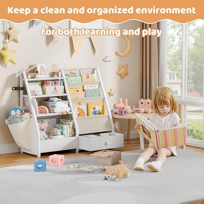 Kids Bookshelf and Toy Storage - Book Shelf for Kids Rooms, Toddler Bookshelf Baby Bookcase for Nursery, Montessori Toy Organizer, White