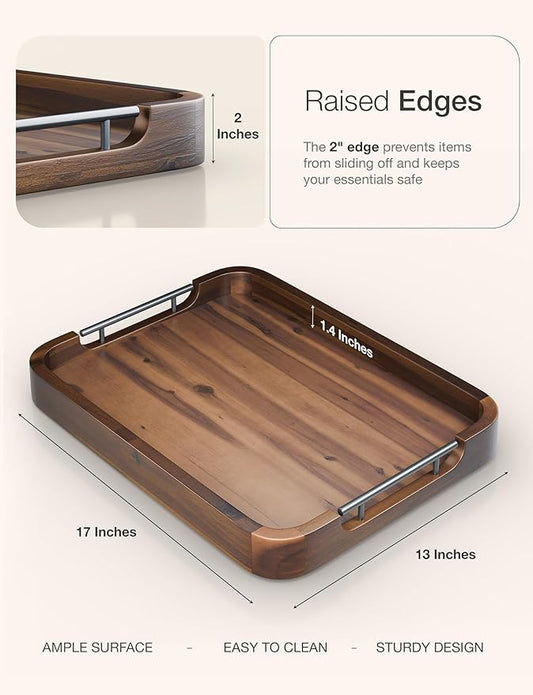 Ottoman Tray for Living Room – 17"x13" Rectangle Serving Tray with Handles – Acacia Wooden Tray for Coffee Table, Living Room, Breakfast in Bed – Decorative Trays for Ottoman (Walnut Color)
