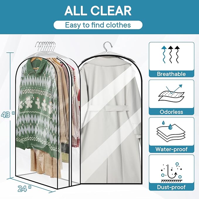 10" Gusseted Clear Garment Bags for Hanging Clothes, 43" Suit Bags for Closet Storage, All Clear Clothes Covers with Side Zipper for Coats, Shirts, Dresses, Jackets, 3 Pack