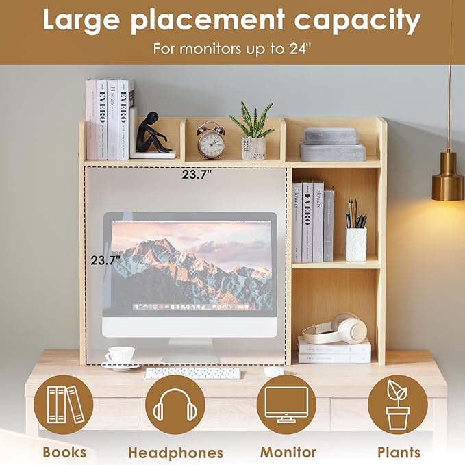 Desktop Bookshelf, Wooden Desk Storage Hutch with 5 Shelves, 3-Tier Desktop Display Organizer Rack for Office Home (Natural, 5 Shelves A)