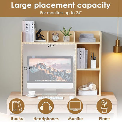 Desktop Bookshelf, Wooden Desk Storage Hutch with 5 Shelves, 3-Tier Desktop Display Organizer Rack for Office Home (Natural, 5 Shelves A)