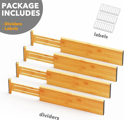 SpaceAid Bamboo 4 Pack Dresser Drawer Dividers, 4.65“ High Adjustable 17“-22” Drawer Organizers, Expandable Organization for Clothing, Clothes, Dressers, Natural
