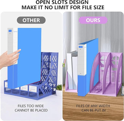 SAYEEC Sturdy Magazine Holder 4 Compartments Plastic Desktop File Organizer File Dividers Office Organizer Storage Document Magaizne Rack Display Box (Purple)