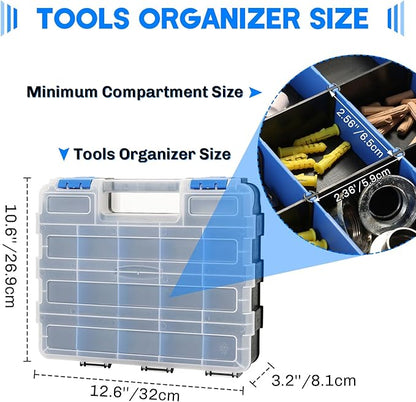 Small Parts Organizer | Storage Case Tools Box 34-Compartments Double Side Organizer Box with Removable Dividers for Small Hardware, Screws, Bolts, Nuts, Nails, Beads (Blue)