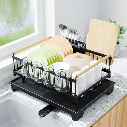 Vathingood Dish Drying Rack, Drying Rack with Automatic Drainboard, Dish Racks for Kitchen Counter, Rustproof Dish Drainer with Removable Utensil Holder, Cups Holder,Black