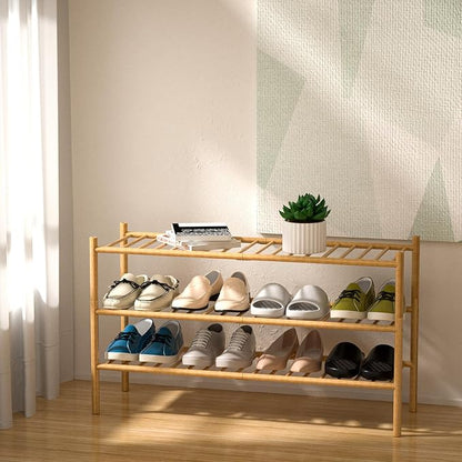 3-Tier Bamboo Long Shoe Rack, Free Standing Wood Shoe Shelf Storage Organizer for Closet Entryway Stackable 35"x11"x20" (Natural)