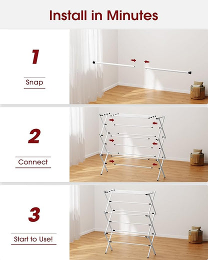 Foldable Clothes Drying Rack – Metal Laundry Drying Rack with Non-Slip Feet, 3-Tier Space-Saving Clothing Rack for Laundry Organization, Indoor & Outdoor Use, 11.4"D x 29.1"W x 37.4"H, White