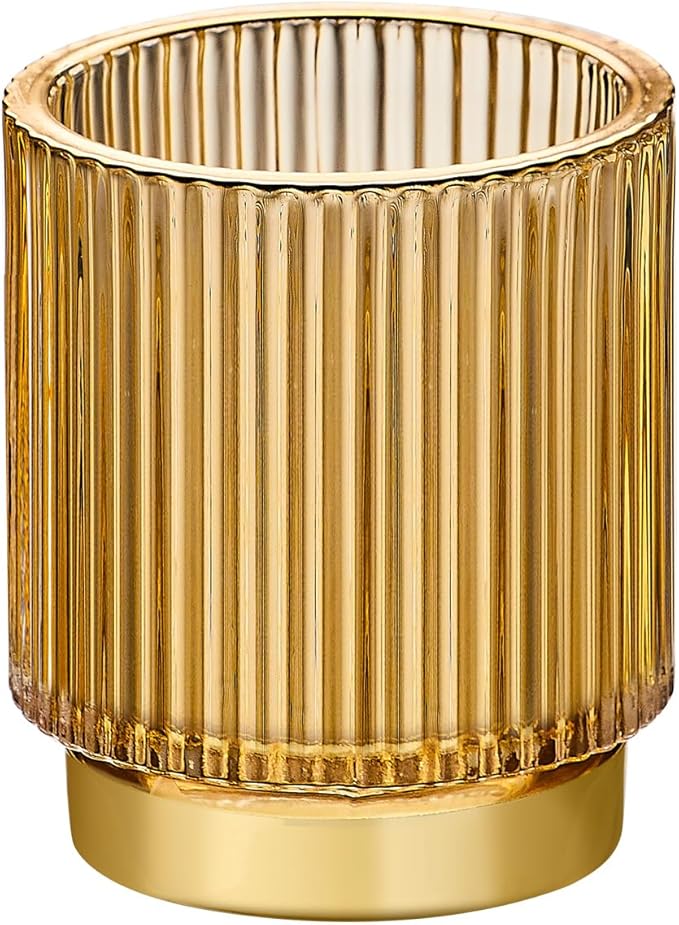 LEICURACE Makeup Brush Organizer, Toothbrush Holder, Desk Pen Pencil Holder, Multifunctional Vintage Glass Brush Cup (S/Gold/A3-12-US)