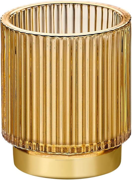 LEICURACE Makeup Brush Organizer, Toothbrush Holder, Desk Pen Pencil Holder, Multifunctional Vintage Glass Brush Cup (S/Gold/A3-12-US)