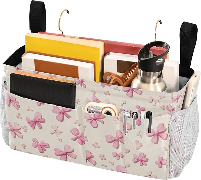 CuwrYet Bedside Caddy Hanging Bunk Bed Caddy Bed Organizer Hanging Pocket with 2 Hooks Bedside Storage Organizer Pocket Bag Holder Pink Cute Bow