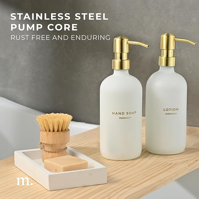 MaisoNovo Soap Dispenser 3-Piece Set | 16.9oz White Bottles Gold Plastic Pumps with Ceramic Tray