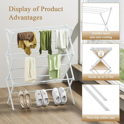 Foldable Drying Rack Clothing, 3-Tier Portable Clothes Drying Racks for Indoor & Outdoor, Anti-Rust Compact Laundry Rack Collapsible, White 28" D x 10" W x 35" H