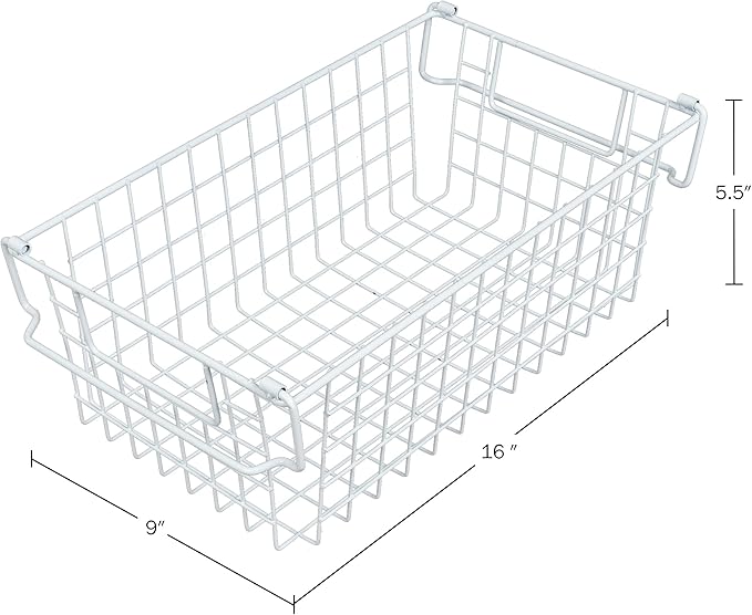 Home-Complete 2 pcs 16"x9" Medium Stackable Wire Baskets, Organizer Stacking Storage Bins for Shelf, Pantry, Kitchen, Cabinets, can also be used in Chest Freezers (White)
