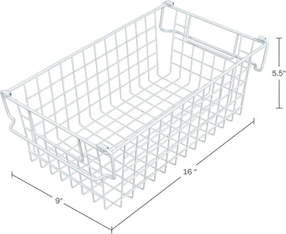 Home-Complete 2 pcs 16"x9" Medium Stackable Wire Baskets, Organizer Stacking Storage Bins for Shelf, Pantry, Kitchen, Cabinets, can also be used in Chest Freezers (White)