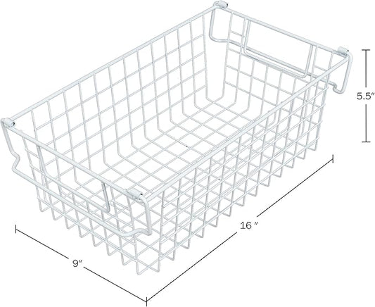 Home-Complete 2 pcs 16"x9" Medium Stackable Wire Baskets, Organizer Stacking Storage Bins for Shelf, Pantry, Kitchen, Cabinets, can also be used in Chest Freezers (White)
