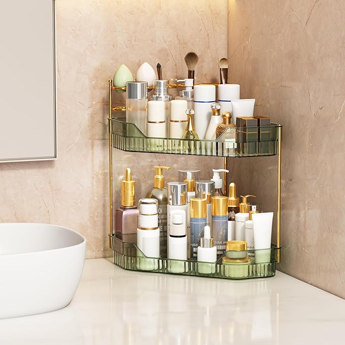 ZZWILLB Corner Bathroom Counter Organizer with Makeup Brush Holder & Toothbrush Holders, Makeup Organizer for Vanity Countertop, Acrylic Skincare Storage Shelf (Green, 2-Tier)