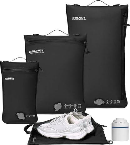 Eulant 4 Set Vacuum Packing Bags for Travel With Pump,Professional IPX8 Zip Packing Organizer for Suitcases Backpack,Space Saver Bags Packing Organizers for Clothing Packing(4 Set,Black)