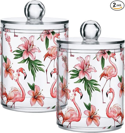 MNSRUU 2 Pack Qtip Holder Organizer Dispenser Pink Watercolor Flamingos Bathroom Storage Canister Cotton Ball Holder Bathroom Containers for Cotton Swabs/Pads/Floss
