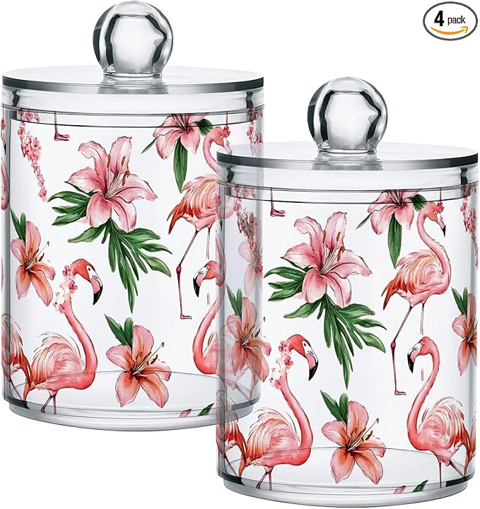 MNSRUU 4 Pack Qtip Holder Organizer Dispenser Pink Watercolor Flamingos Bathroom Containers Bathroom Vanity Storage Canister Apothecary Jars for Cotton Swabs/Pads/Floss