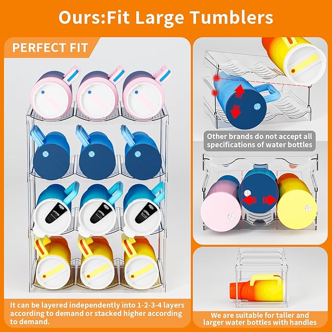 Stackable Water Bottle Organizer for Cabinet,2 Pack Water Bottle Holder for Stanley Yeti 40 oz Bottle Shelf,Clear Tumbler Storage Organizer,Wine Rack,Cup Organizer for Kitchen Cabinets Counter Pantry