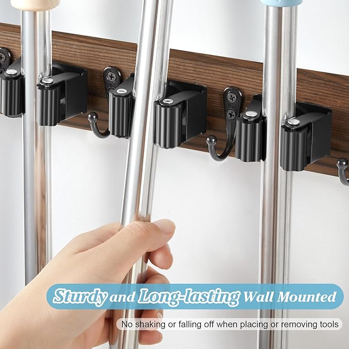 Brown Broom Holder Wall Mount - Heavy Duty Wood Mop and Broom Organizer with 5 Slots & 4 Hooks - Rustic Garden Tool Hanger for Laundry Room Closet Kitchen Garage Storage and Organization