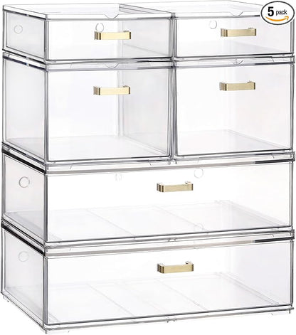 Stackable Storage Drawers, 6 Pack Clear Acrylic Organizer Bins with Golden Handles, Multi-Size Plastic Drawers for Makeup, Vanity, Kitchen, Bathroom, Office, Under Sink & Cabinet Organizatio