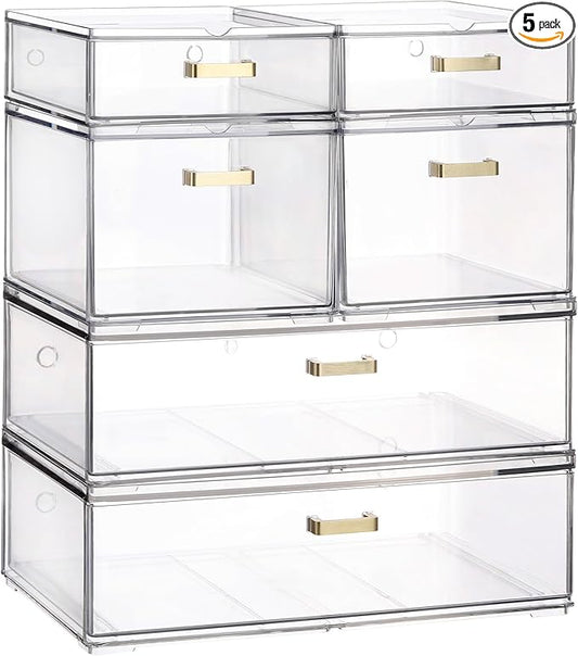 Stackable Storage Drawers, 6 Pack Clear Acrylic Organizer Bins with Golden Handles, Multi-Size Plastic Drawers for Makeup, Vanity, Kitchen, Bathroom, Office, Under Sink & Cabinet Organizatio