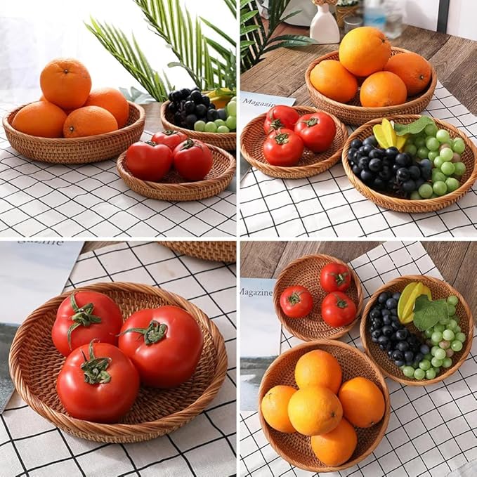 Natural Hand-Woven Rotundish Fruit Basket Wicker Food Tray Woven Storage Rack Vegetable Basket Picnic Tray Organizer (3, S+M+L)