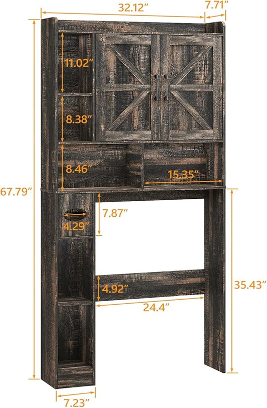 Over The Toilet Storage Cabinet, Farmhouse Storage Cabinet Over Toilet with 2 Barn Doors & Toilet Paper Holder Stand，Home Space-Saving Toilet Rack, for Bathroom, Restroom, Laundry