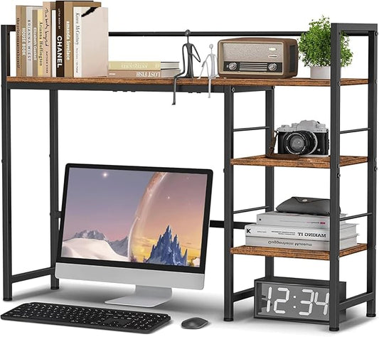 Desk Shelf, 38.6 Inch Wood Desk Organizer Shelf for Computer Monitor, Desk Hutch Storage, Desktop Shelf for Top of Desk, 3 Tier Desktop Bookshelf for Home Office Dorm, Rustic