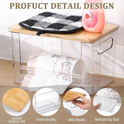2 Pcs Stackable Storage Containers with Bamboo Top Handles Extra Large Garbage Bag Holder Dispenser Trash Bag Organizer Open Front Bin for Kitchen Laundry Room Pantry Organization(Stylish)