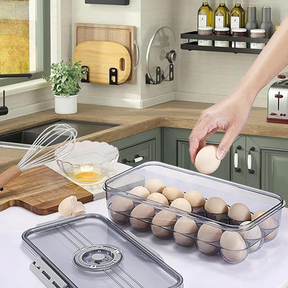 BSTKEY Egg Holder for Refrigerator, Egg Container with Time Scale, Egg Holder with Lid for Kitchen Storage, Stackable Tray for 18 Eggs