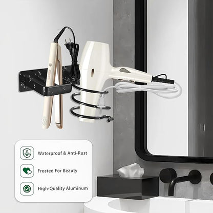 OlBuWa Hair Dryer Rack Wall Mounted Stainless Steel Shelf Storage For Bathroom Walls (Black)