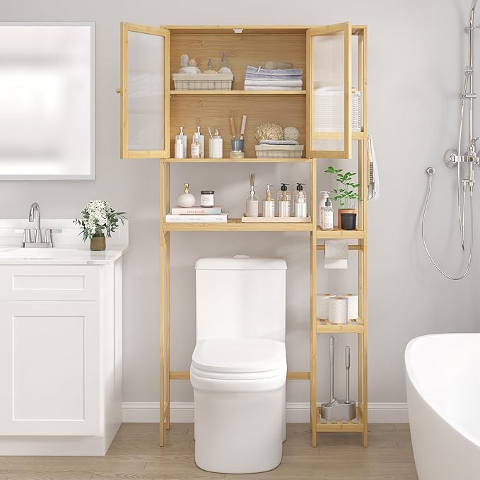 Wisuce Essentials Over The Toilet Storage Cabinet Above Toilet Bathroom Organizer with Toilet Paper Holder Stand Bath Organizer with Adjustable Shelves & Acrylic Doors,Anti-Tip Device (Nature)