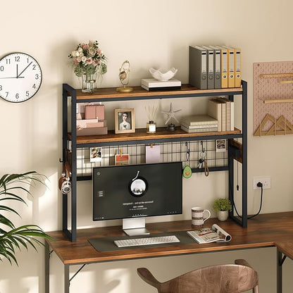 HOOBRO Desktop Bookcase, 2-Tier Desktop Organizer, 37.4" Wooden Office Storage Rack with Outlets, Display Shelf Rack with Light Strip, Desk Hutch for Office, Rustic Brown BF13UDSJ01