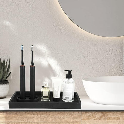 Artificial Travertine Tray, 12"x8" Perfume Tray for Bathroom Counter, Vanity, Home Organizer, Decorative Marble Trays for Perfume, Jewelry, Candles, Coffee, Rectangle, Black